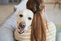 Back view close up of young woman cuddling with dog while lying on couch at home, copy space
