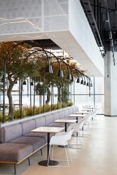 Vertical background image of food court interior in light colors decorated with live plants, copy space