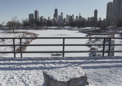 frozen Lincoln Park  lagoon looking south to Chicago city                  