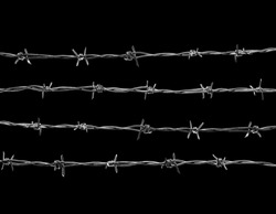 4 lines of  new barbed wire, isolated against the black background.