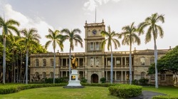 Statue of King Kamehameha in downtown Honolulu, Hawaii in front of King Kamehameha V Judiciary History Center. The statue had its origins in 1878