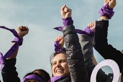International Women's day, march 8 : Feminist protest with women expressing empowerment and leadership to achieve woman's rights