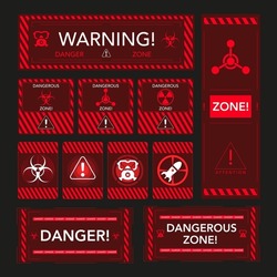 Vector interface windows hazard sign, high voltage and nuclear radiation caution. Red warning windows about radiation hazard.