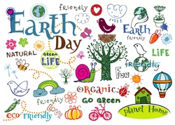 Earth day vector set - doodles and inscriptions