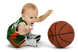 Baby boy with basketball. Full body over white. Clipping path.
