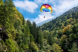 A man is gliding using a parachute on background of high Alps mountains wth green forest under blue cloudy sky.
