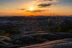 Beautiful sunset in Seoul seen from the top of the mountain. Hoamsan Mountain in Seoul, South Korea.