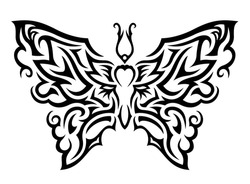 Beautiful monochrome tribal tattoo vector illustration with black butterfly silhouette isolated on the white background