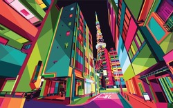 Tokyo Street view, Pop art Sapporo Tokyo Tower skyline Artwork by Madharu