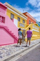 Bo Kaap Township in Cape Town, colorful house in Cape Town South Africa. Bo Kaap, couple man and woman on a city trip in Cape Town