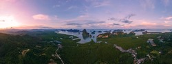 panorama view of Sametnangshe, view of mountains in Phangnga bay with mangrove forest in andaman sea with evening twilight sky, travel destination in Phangnga, Thailand