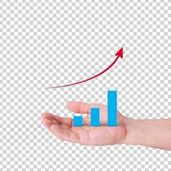 A business man holding bar graphs and an arrow on his hand.  Increasing value of a business concept.