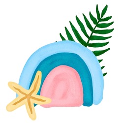 Pink and blue rainbow with starfish and palm leaf. Watercolor marine tropical rainbow clipart