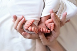 Mom and dad hands hold small legs of their two newborn twin babies