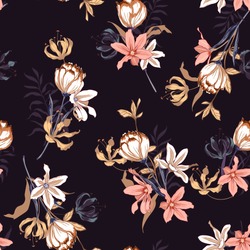 Seamless pattern vector with tulips flowers. Hand drawing illustration with wild floral for fashion , fabric, and all prints on dark purple background colors.