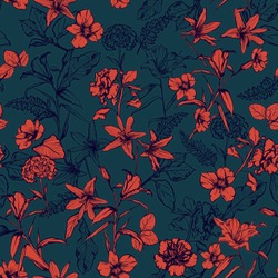 Stylish retro botanical flowers in the garden hand drawn by pencil seamless pattern vector for fashion, fabric,wallpaper and all prints on dark green background