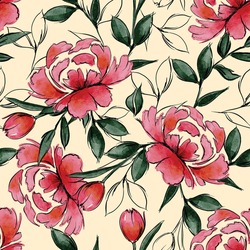Vector watercolour red blooming floral seamless pattern, line sketch ,delicate flowers, green leaves, Design for fashion , fabric, textile, wallpaper, cover, web , wrapping on light beige