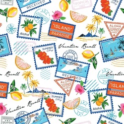 Trendy Summer Vacation Seamless pattern. Travel in Summer Vibes , Stamp , Bird ,Hibiscus flower, banana,beach and ocean vector hand drawn style ,Design for fashion , fabric, textile, and all prints 