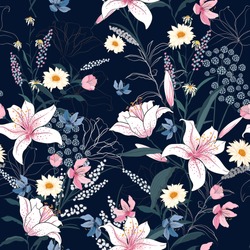 Trendy  Floral pattern in the many kind of flowers. Tropical botanical  Motifs scattered random. Seamless vector texture. Printing with in hand drawn style on dark background.