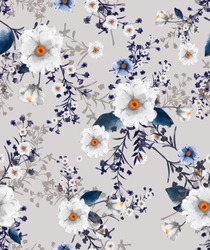 Beautiful seamless watercolour illustration wild blooming floral pattern, delicate flowers, white, blue and light blue flowers, greeting card template on light grey background.