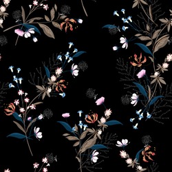 Trendy  dark Floral pattern in the many kind of flowers. Botanical  Motifs scattered random. Seamless vector texture. for fashion prints. Printing with in hand drawn style on black background.