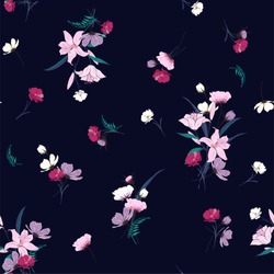Trendy  Floral pattern in the many kind of flowers. Garden botanical  Motifs scattered random. Seamless vector texture.  for fashion prints. Printing with in hand drawn style.dark  background.