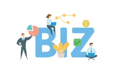 BIZ. Concept with people, letters and icons. Colored flat vector illustration. Isolated on white background.