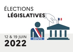 poster to vote for the legislative election in 2022 in blue, white and red on a white background with a waving French flag and a hand putting a vote in the National Assembly ballot box.