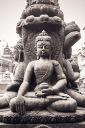 Detail of a Buddha statue, in Kathmandu, Nepal