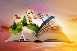 Flying Open Book with Animals, Paper Cut Letters and Magic Landscapes. Fairy Tale Storytelling Concept.