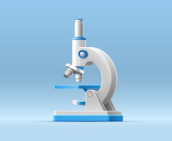 3D illustration with cartoon microscope on isolated background for medical design. Realistic vector template. Education technology concept. Vaccine discovery concept. Medical equipment for research.