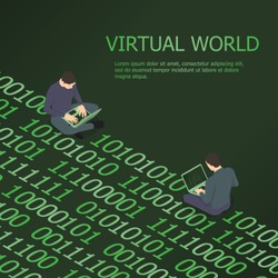 Two men are in the virtual world. Programmers exchange information using binary code.