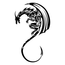 Vector image of a black winged dragon. Medieval winged monster. Knights hunter. Symbol of wisdom and force. Spirit of Celts. Black tribal tattoo. Vector illustration.