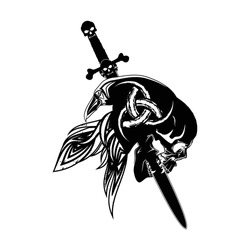 Bird from Scandinavian myths. Raven,  skull and Viking sword. Sacred symbol. Crow. Celtic sign. Black tribal animals tattoo. Triskelion. Triskele. Grange style. Illustrations for t shirt print.