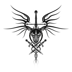 The vector image of the head of the demon with a sword, daggers and wings of a dragon. Black tribal tattoo. Vector illustration.