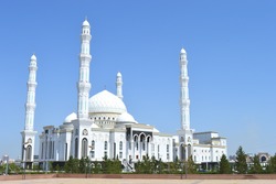 Hazrat Sultan Mosque in Astana.The picture was taken in a sunny summer day with a clear blue sky.