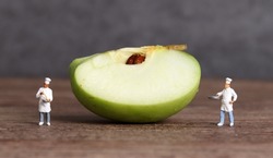 A cut apple and miniature people. Business concept with a slice of apple and two miniature people.