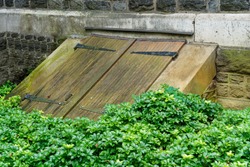 old weathered wooden bulkhead cellar doors with large black hinges in a garden