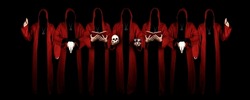 Mystery people in a red hooded cloaks in the dark. Hiding face in shadow. Pointing up with fingers. Satanic symbols. Dark ritual. Sectarians. Isolated on black.