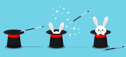 Isolated magician's black hat, magic hat with bunny ears, white rabbit in hat with magic wand in action and stars.  Vector flat illustration in cartoon style.