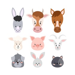 Farm animals faces set isolated on white background. Cute and funny cartoon head of character -  sheep, goat, cow, donkey, horse, pig, cat, dog, rabbit. Vector flat design clip art illustration.