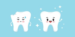 Chipped tooth and healthy tooth before, after treatment icon set. Broken teeth with problem treatment concept. Flat cartoon sad and happy character vector illustration. Dental health care image.