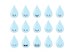Cute water drop character kawaii set. Raindrop shape mascot with face. Aqua funny, sad, surprised, winking, in eyeglasses, sunglasses emoji icon collection. Vector cartoon illustration.