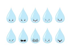 Cute water drop character set. Raindrop shape mascot with face. Kawaii aqua funny, sad, winking, in eyeglasses, sunglasses emoji icon collection. Vector cartoon illustration isolated on white.
