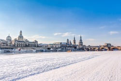 Elbe river bank with the historic old town of Dresden in winter