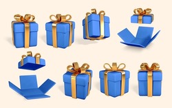 3D realistic blue gift boxes with golden bow. Paper boxes with ribbon and shadow isolated on white background. Vector illustration.