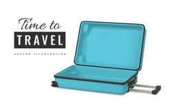 Time to travel promo banner design. 3D travel trolley bag. Realistic open plastic suitcase. Tourism symbol isolated on white background. Vector illustration.