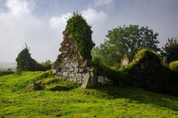 Moody scene of ruined stone walls and gravestones overgrown with ivy, grass, and moss at old cemetery in Ireland