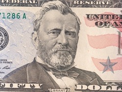 Dollar USA close-up. Grant eyes and face macro. USA banknote texture. Fifty  American dollars. $ 50.