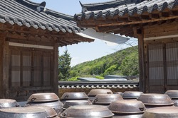 Traditional Korean House and Jangdokdae. platform for crocks of sauces and condiments